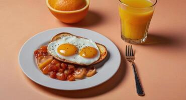 ai genererad engelsk frukost meny eras på vit tallrik på ljus Färg bakgrund och orange juice topp se med kopia Plats område foto