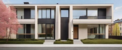 ai genererad minimalistisk bostads- byggnad exteriör i radhus stil i de springtime foto