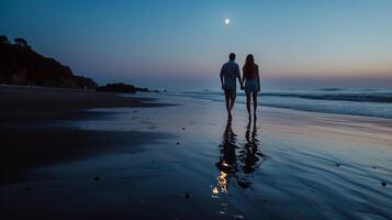 ai genererad par gående på de strand på solnedgång foto