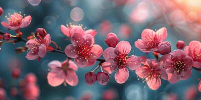 ai genererad klunga av rosa blommor på träd gren foto