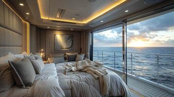 ai genererad sovrum med stor fönster utsikt de hav foto