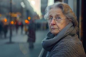 ai genererad kontemplativ äldre kvinna i en värma Tröja gazing ut av en fönster med reflekterande bokeh lampor foto