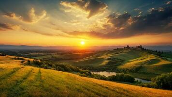 ai genererad solnedgång och bergen skön panorama- naturlig landskap foto