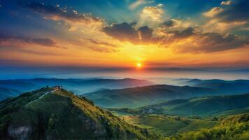 ai genererad solnedgång och bergen skön panorama- naturlig landskap foto