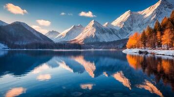 ai genererad sjö och berg skön färgrik landskap solnedgång. foto