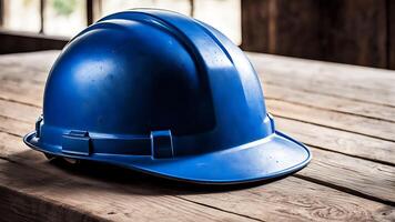 ai genererad blå hård hatt på trä tabell i konstruktion webbplats. säkerhet begrepp. foto