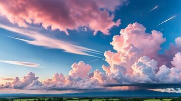 ai genererad färgrik dramatisk himmel med moln på solnedgång. panorama- se foto
