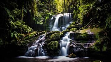 ai genererad en fantastisk vattenfall flöden ner en klippig klippa omgiven förbi grön vegetation foto