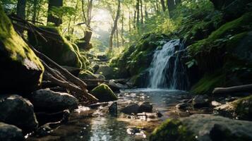 ai genererad en hemlighet vattenfall i en frodig grön skog en natur älskande dröm foto