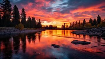 ai genererad eldig solnedgång över lugna flod landskap foto