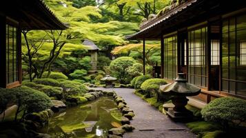 ai genererad en lugn och skön landskap av en traditionell japansk trädgård med en damm och en bro foto