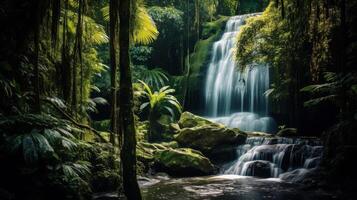 ai genererad en frodig djungel landskap med en skön vattenfall faller från en brant sten ansikte foto