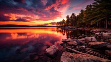 ai genererad dramatisk sjö landskap med vibrerande solnedgång i naturskön se foto