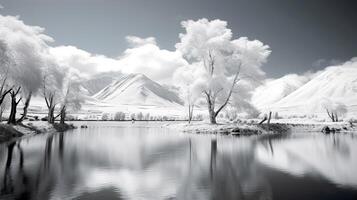 ai genererad svart och vit infraröd sjö scen med ljus träd och bergen foto