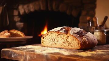 ai genererad hemlagad glädje nyligen bakad bröd i en mysigt kök foto