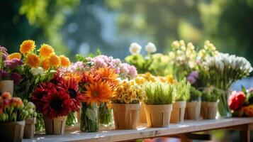 ai genererad färgrik blomma visa på en lokal- marknadsföra bås foto