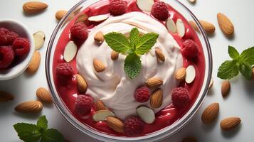 ai genererad rabarber yoghurt och mandel flingor frukt efterrätt friska mat foto