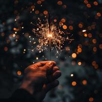 ai genererad hand innehav sparkler på natt med bokeh ljus bakgrund. foto