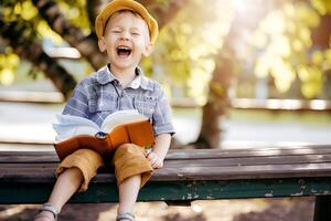 ai genererad söt liten pojke läsning helig bibel bok på landsbygden foto