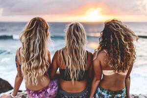 ai genererad tre flicka vänner dela med sig en ögonblick av ren glädje och lycka på de strand under solnedgång foto