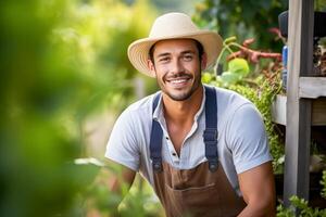 ai genererad ung Lycklig jordbrukare man leende på kamera i vegetabiliska trädgård. porträtt av ung entreprenör i hans trädgård. foto