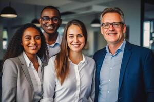 ai genererad grupp av människor i de kontor. Lycklig framgångsrik företag team. mångfald begrepp i företag liv. foto