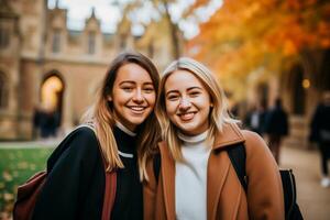 ai genererad två kvinna högskola studerande vänner på campus foto