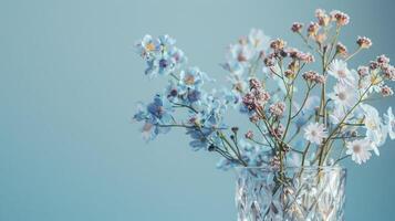 ai genererad bukett av blommor i vas på blå bakgrund. vår bakgrund. foto