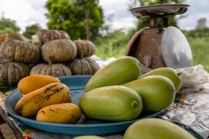 närbild se av gul mango och grön squash på brickor. foto