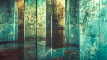 ai genererad mystisk korridor med reflekterande åldrig koppar väggar foto