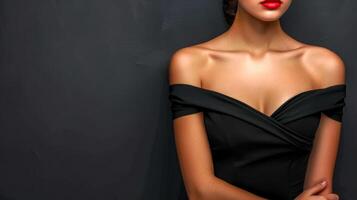 ai genererad elegant kvinna bär svart kväll klänning foto