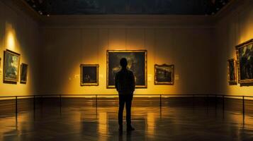ai genererad ensam besökare överväger målningar i de lugn atmosfär av ett konst Galleri foto