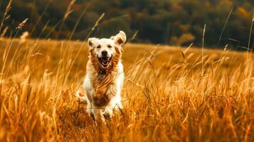 ai genererad gyllene retriever leka i höst äng foto