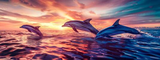 ai genererad majestätisk delfiner hoppa på solnedgång foto