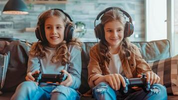 ai genererad leende flickor med hörlurar spelar video spel foto