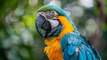 ai genererad närbild porträtt av en blå och gul ara papegoja med detaljerad fjädrar och levande färger foto