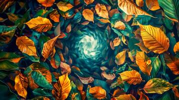 ai genererad höst bubbelpool - löv i cirkulär mönster foto