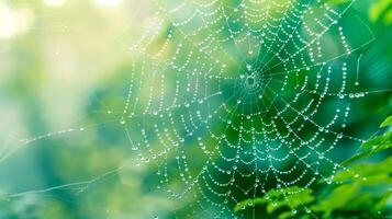 ai genererad morgon- dagg på spindelnät i grönska foto