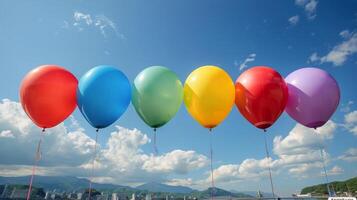 ai genererad grupp av färgrik ballonger flytande i de luft foto