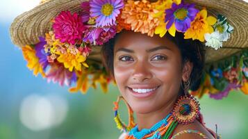 ai genererad kvinna med sugrör hatt och blomma krona foto