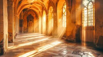 ai genererad förtjusande solstrålar i gotik kyrka hall foto