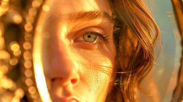 ai genererad närbild av en kvinnas öga badade i värma gyllene solljus foto