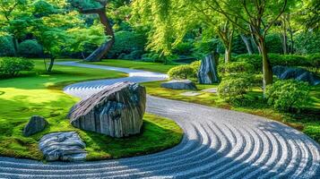 ai genererad lugn japansk trädgård med rakat sand mönster foto