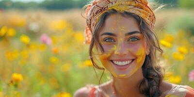 ai genererad kvinna med gul måla i fält av blommor foto