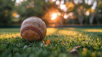 ai genererad baseboll på grön fält foto