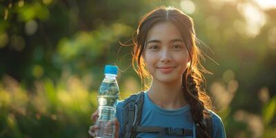 ai genererad ung kvinna innehav en flaska av vatten foto