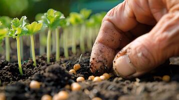 ai genererad närbild av bondens hand plantering ung plantor på bördig jord foto