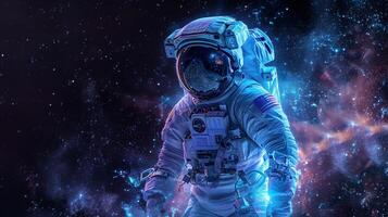 ai genererad kosmisk figur av ett astronaut i blå och lila ljus slag, svart bakgrund foto