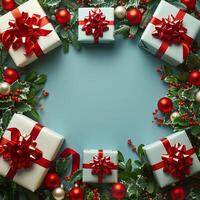 ai genererad festlig jul krans omgiven förbi presenterar och ornament foto