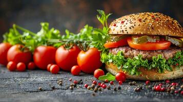 ai genererad färsk hamburgare med sallad, tomater, och nötkött bulle foto